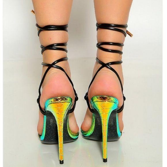 ! NEW ! Mermaid Metallic & Black Ankle Wrap Heels - Picture 3 of 11